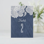 Denim Jean & White Lace Wedding Tischnummern (Stehend Vorderseite)