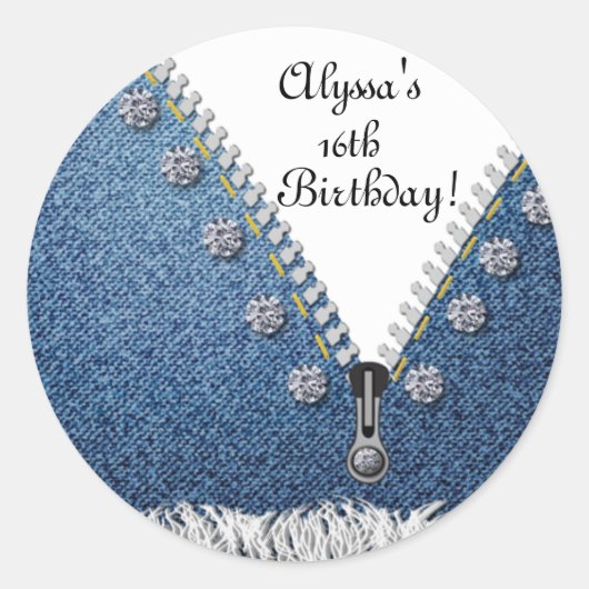 Denim Jeans Frayed & Diamonds Round-Sticker-Label Runder Aufkleber (Vorderseite)