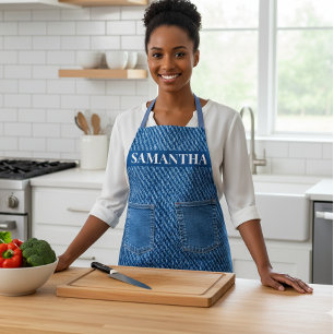 Denim Jeans Look Pockets Monogram Schürze