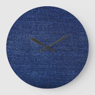 Denim Jeans Stoff: texturierter Hintergrund. Große Wanduhr