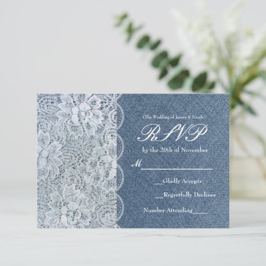 Denim & Lace Rustic Romance Wedding RSVP Card (Stehend Vorderseite)