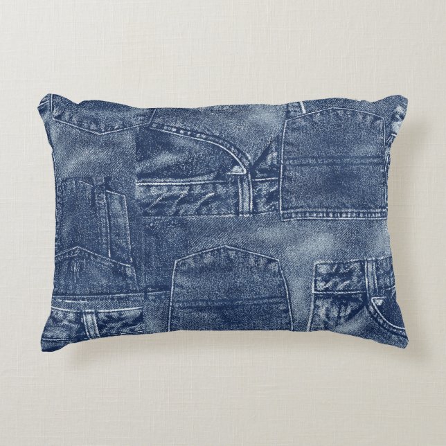 Denim Material in einem Patchwork-Taschenmuster. Dekokissen (Vorderseite)