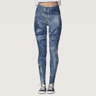 Denim Material in einem Patchwork-Taschenmuster. Leggings