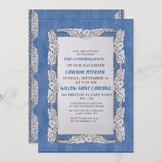 Denim mit Cream Blume Lace Einladung (Vorne/Hinten)