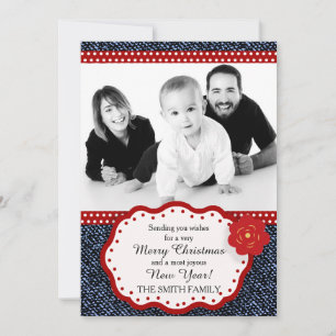 Denim mit roten und weißen Punkten Foto-Weihnachte Feiertagskarte