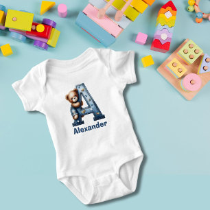 Denim Monogram A Teddy Bear Baby Strampler