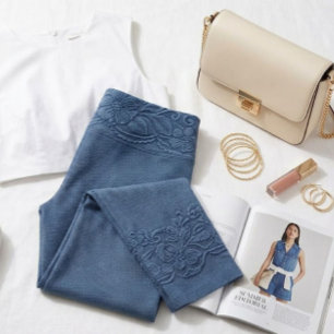 Denim-Optik Blumenrand Capri-Leggings Capri Leggings