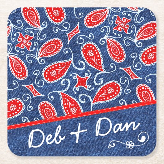 Denim-Paisley-niedliche rote weiße und blaue mit Rechteckiger Pappuntersetzer (Vorderseite)