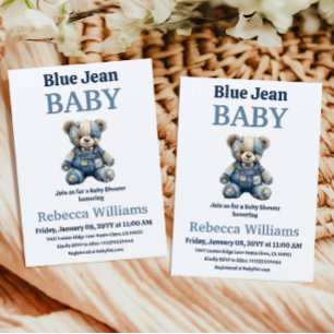 Denim-Patchwork-Bär-Junge-Blau-Jean-Baby-Party Einladung