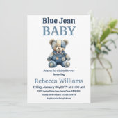 Denim Patchwork Bear Boy Blue Jean Baby Shower Einladung (Stehend Vorderseite)