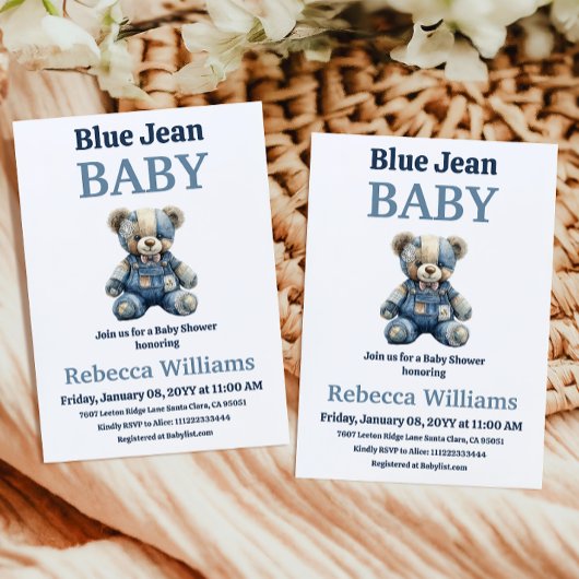 Denim Patchwork Bear Boy Blue Jean Baby Shower Einladung