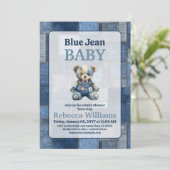 Denim Patchwork Bear Toy Blue Jean Baby Shower Einladung (Stehend Vorderseite)
