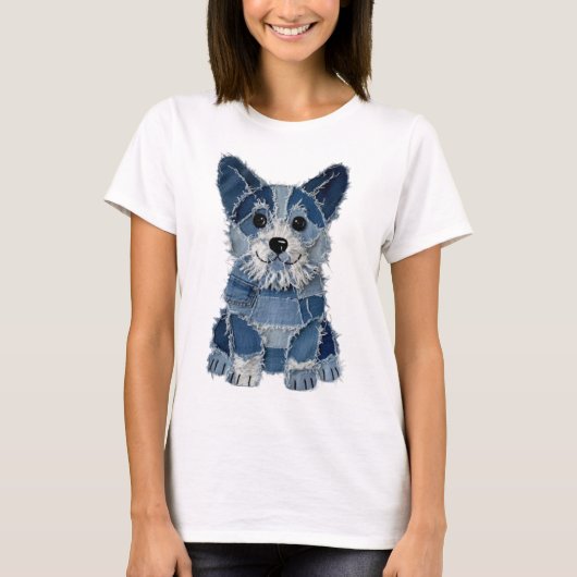 Denim-Patchwork-Corgi-Hund T-Shirt (Vorderseite)