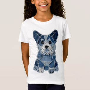 Denim-Patchwork-Corgi-Hund T-Shirt