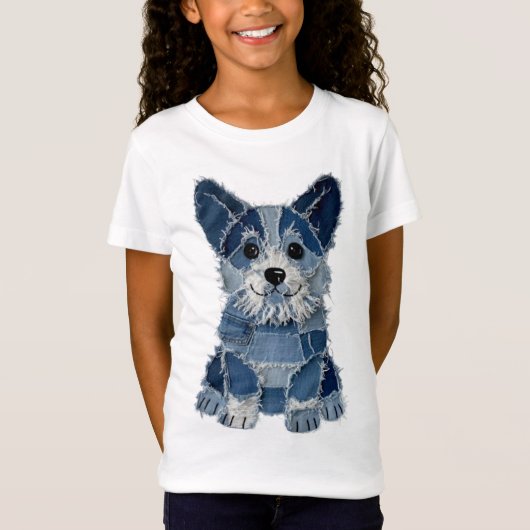 Denim-Patchwork-Corgi-Hund T-Shirt (Vorderseite)