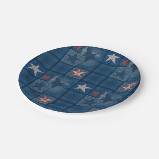 Denim Patchwork Duschvorhang Pappteller (Schrägansicht)