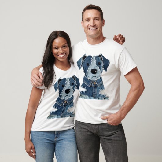 Denim-Patchwork-Hund T-Shirt (Unisex)