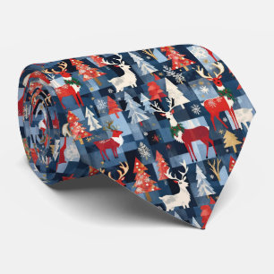 Denim-Patchwork-Kariert-Weihnachtsbäume & Rentiere Krawatte