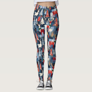Denim Patchwork Karierte Weihnachtsbaumen & Reinde Leggings