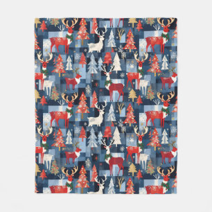 Denim-Patchwork-Karo-Weihnachtsbäume & Rentiere Fleecedecke