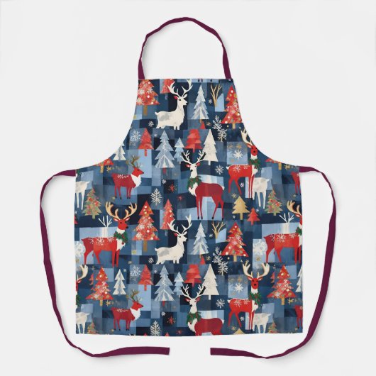 Denim-Patchwork-Karo-Weihnachtsbäume & Rentiere Schürze (Vorderseite)