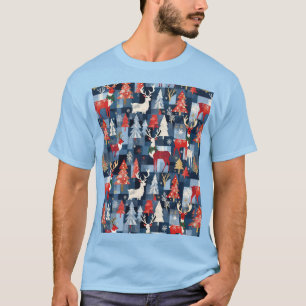 Denim-Patchwork-Karo-Weihnachtsbäume & Rentiere T-Shirt