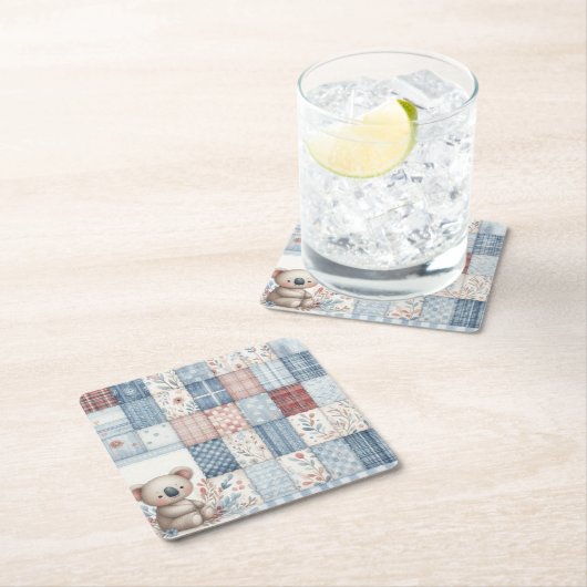 Denim Patchwork Koala - Square Paper Coaster Rechteckiger Pappuntersetzer (Vor Ort)