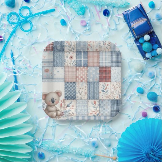Denim Patchwork Koala - Square Paper Plate Pappteller (Party)