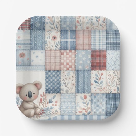 Denim Patchwork Koala - Square Paper Plate Pappteller (Vorderseite)