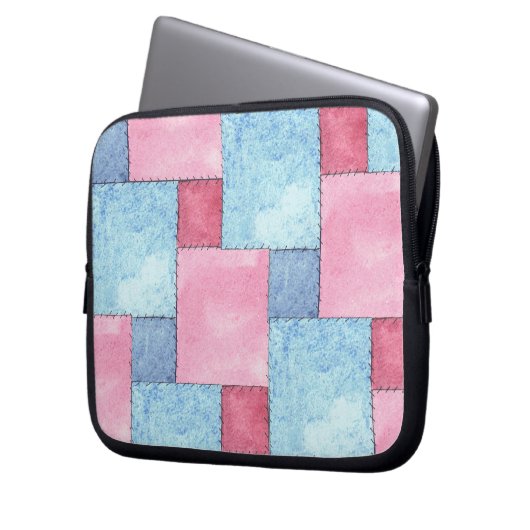 Denim Patchwork Laptop Sleeve, Pinks, Blues Laptopschutzhülle (Vorderseite Links)