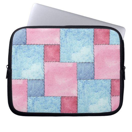 Denim Patchwork Laptop Sleeve, Pinks, Blues Laptopschutzhülle (Vorderseite)