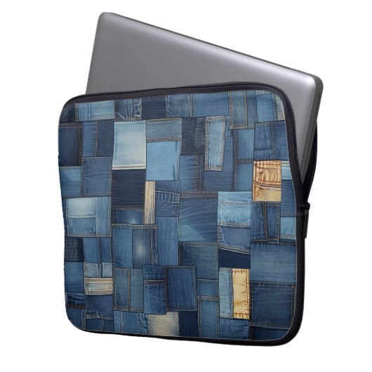 Denim Patchwork Laptopschutzhülle (Vorderseite Links)