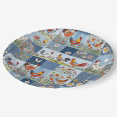 Denim Patchwork mit Hühnern und Wildblumen Pappteller (Schrägansicht)