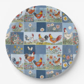 Denim Patchwork mit Hühnern und Wildblumen Pappteller (Vorderseite)