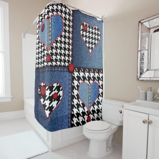 Denim Patchwork: Nahtloses Stoffmuster Duschvorhang (Beispiel)
