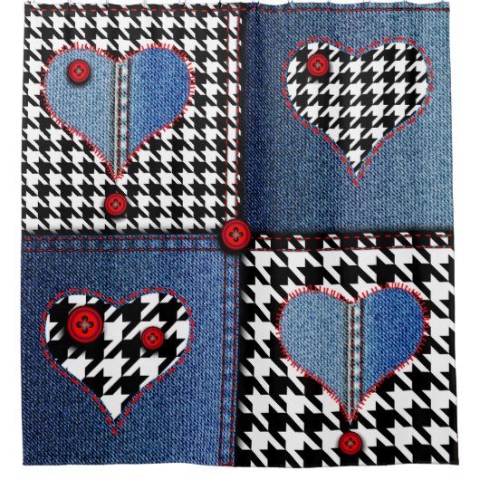 Denim Patchwork: Nahtloses Stoffmuster Duschvorhang (Vorderseite)