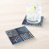 Denim Patchwork: Nahtloses Stoffmuster Glasuntersetzer (Schrägansicht)