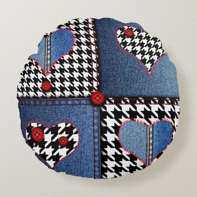 Denim Patchwork: Nahtloses Stoffmuster Rundes Kissen (Vorderseite)