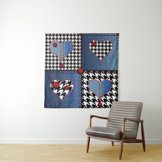 Denim Patchwork: Nahtloses Stoffmuster Wandteppich (Beispiel)