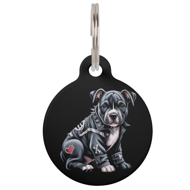 Denim-Patchwork-Pitbull-Hund edler Rocker Gothic Haustiermarke (Vorderseite)