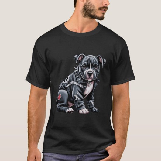 Denim-Patchwork-Pitbull-Hund edler Rocker Gothic T-Shirt (Vorderseite)