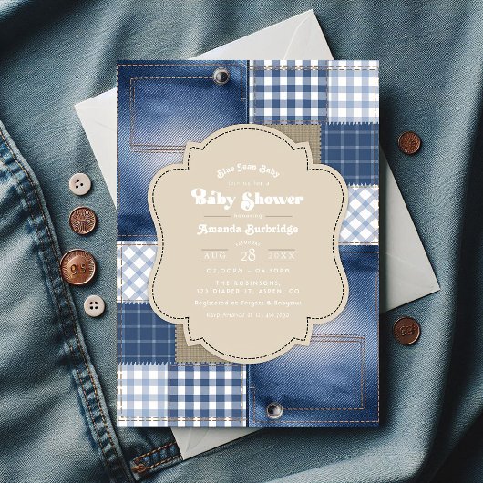 Denim Patchwork Rustic Chic Blue Jean Baby Shower Einladung
