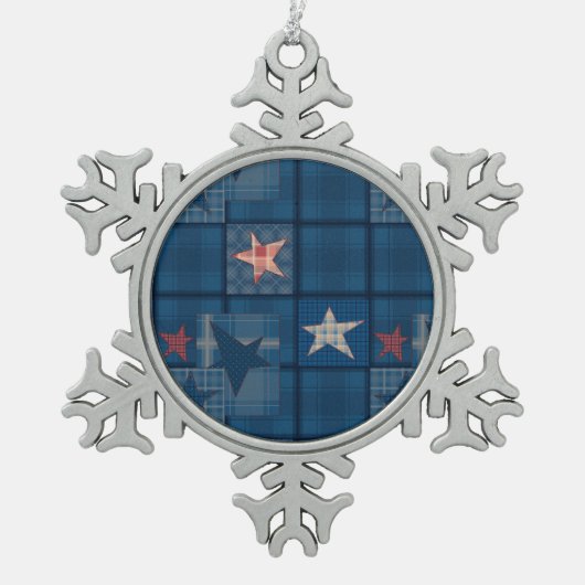 Denim Patchwork Schneeflocken Zinn-Ornament (Vorderseite)