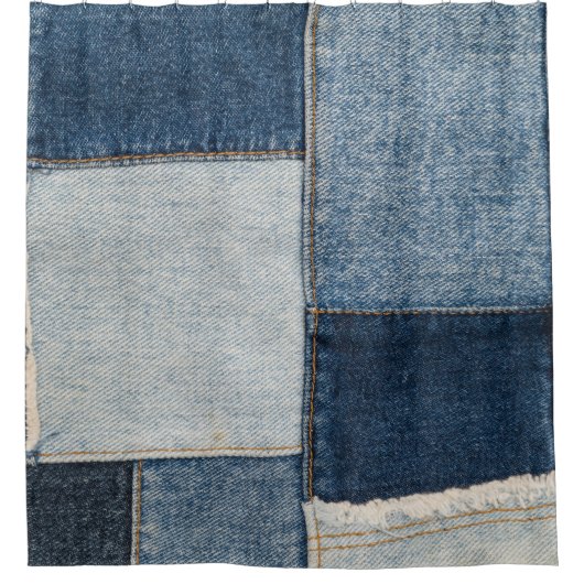 Denim-Patchwork: Vintage-Textilmuster Duschvorhang (Vorderseite)