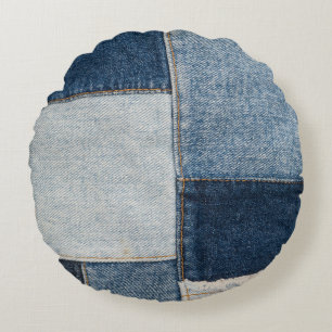 Denim-Patchwork: Vintage-Textilmuster Rundes Kissen