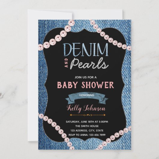 Denim Pearls Baby Shower Einladung (Vorderseite)