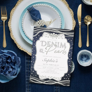 Denim Pearls Elegant Moderne Klasse 50. Geburtstag Einladung