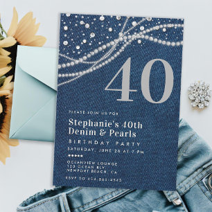 Denim Pearls Elegant Modernes 40. Geburtstags-Part Einladung