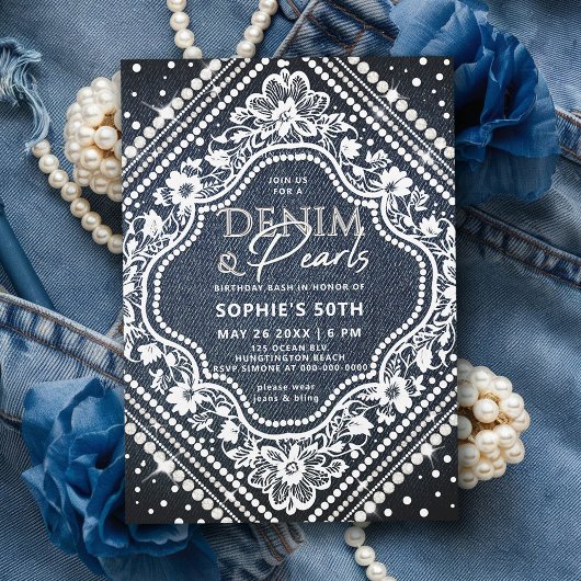 Denim Pearls Lace Elegant Moderne 50. Geburtstag Einladung