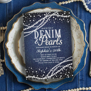 Denim Perlen Blau Moderne Elegante 50. Geburtstag Einladung